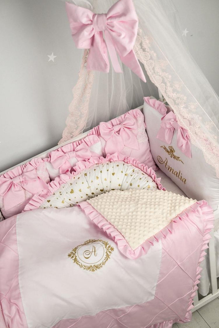 Ivory crib bedding set with delicate lace and personalized embroidery