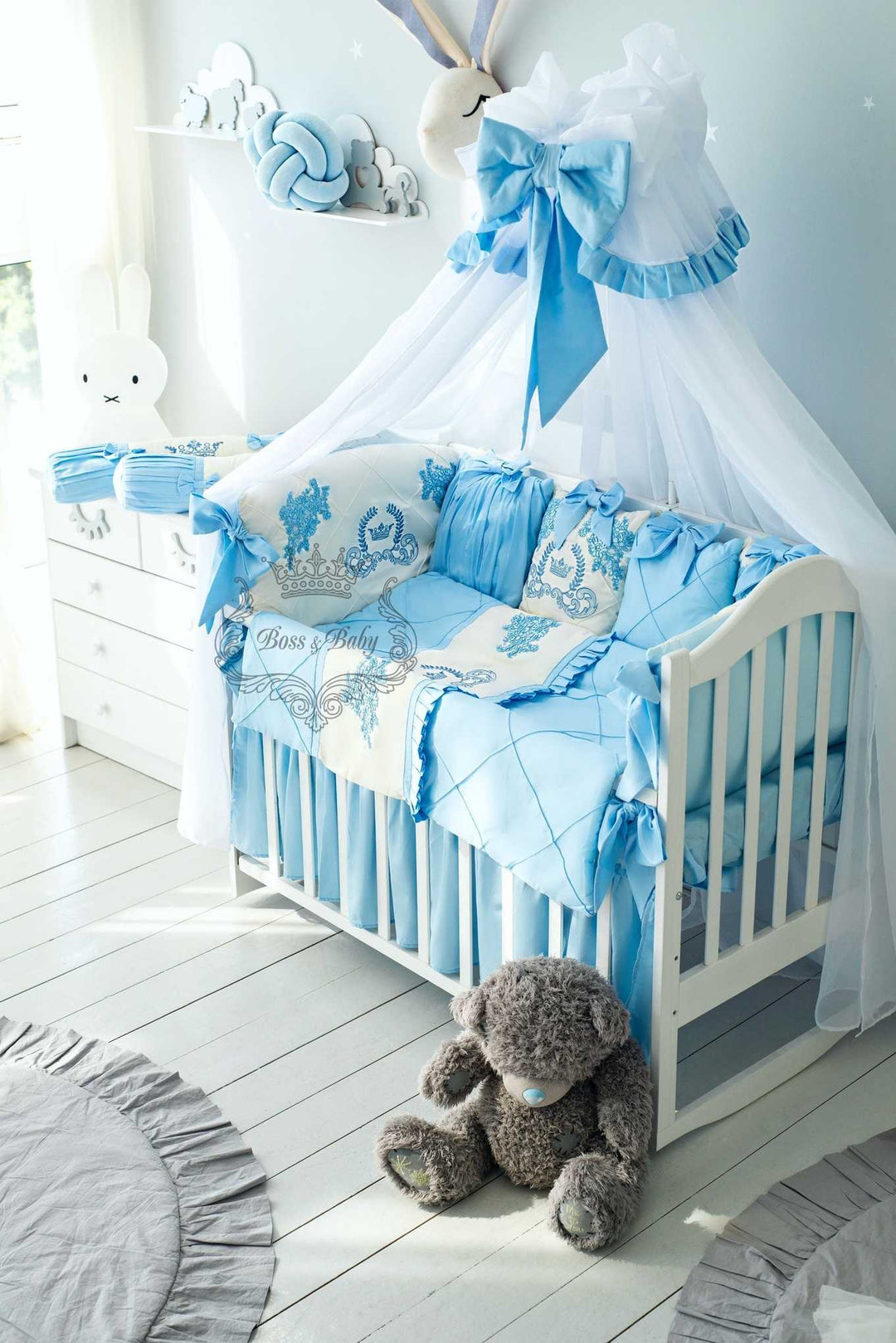 Luxury Light Blue Baby Crib Bedding Set with Embroidery