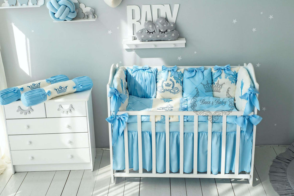 Luxury Light Blue Baby Crib Bedding Set with Embroidery