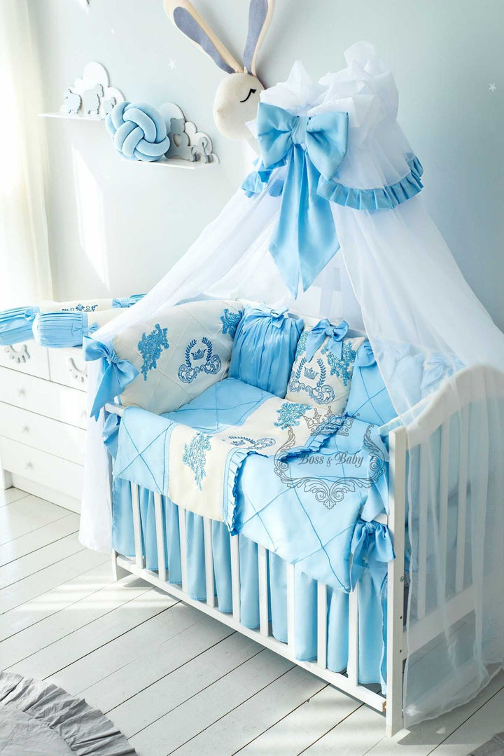 Luxury Light Blue Baby Crib Bedding Set with Embroidery
