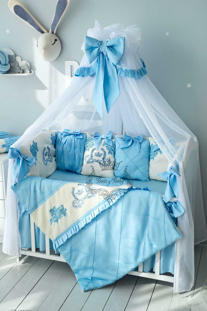 Luxury Light Blue Baby Crib Bedding Set with Embroidery