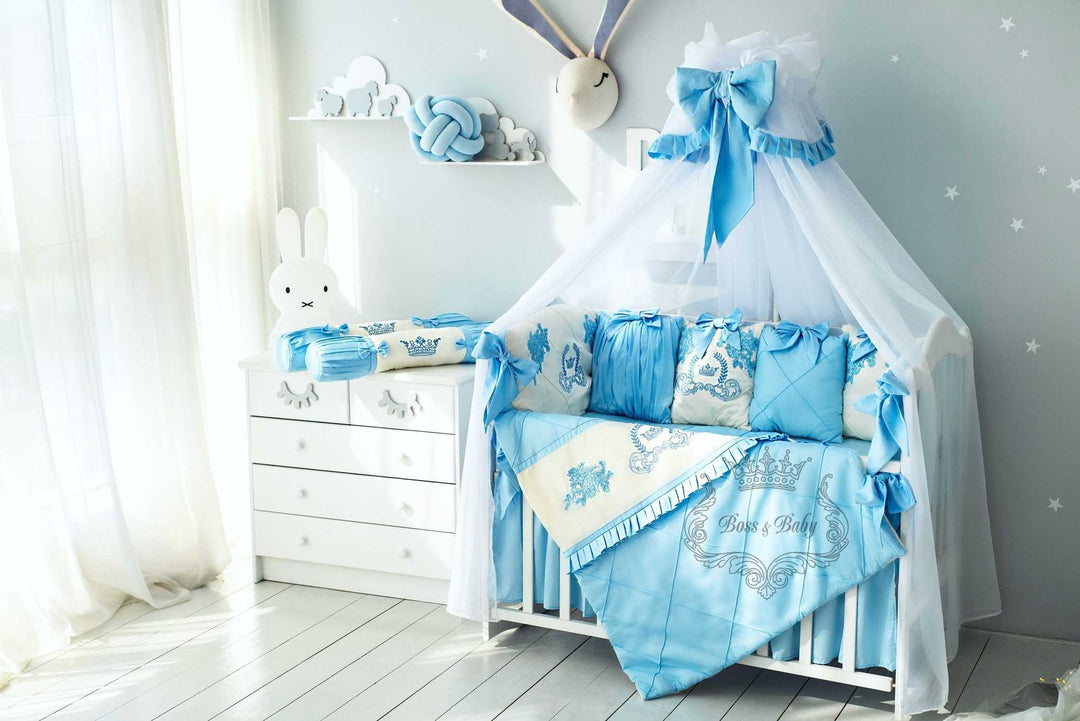 Luxury Light Blue Baby Crib Bedding Set with Embroidery