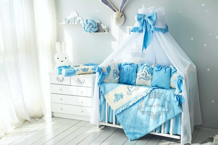 Luxury Light Blue Baby Crib Bedding Set with Embroidery