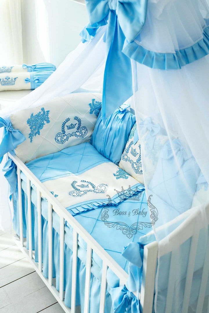 Luxury Light Blue Baby Crib Bedding Set with Embroidery