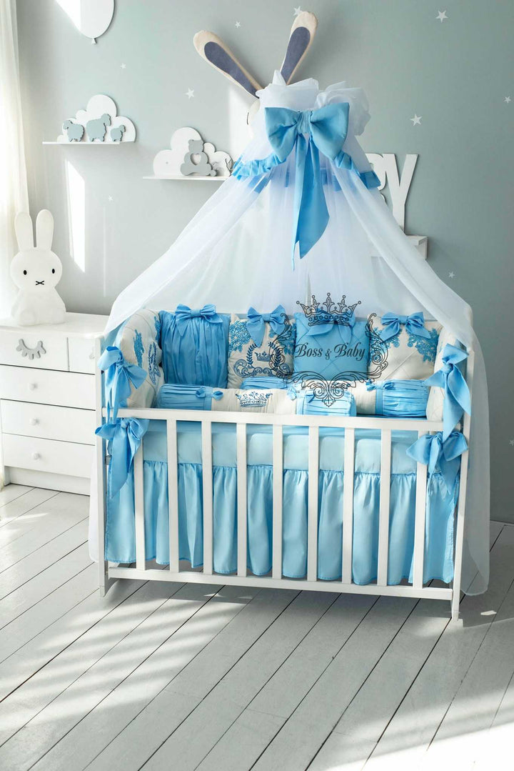 Luxury Light Blue Baby Crib Bedding Set with Embroidery