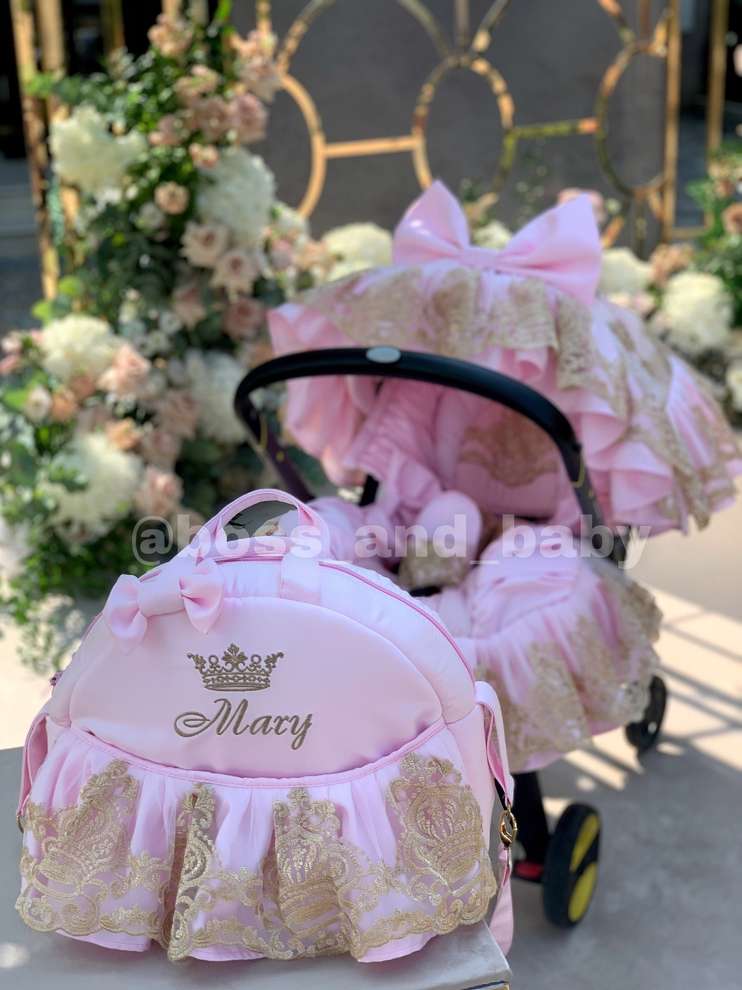 Luxury Pink Baby Car Seat Cover Set with Gold Lace