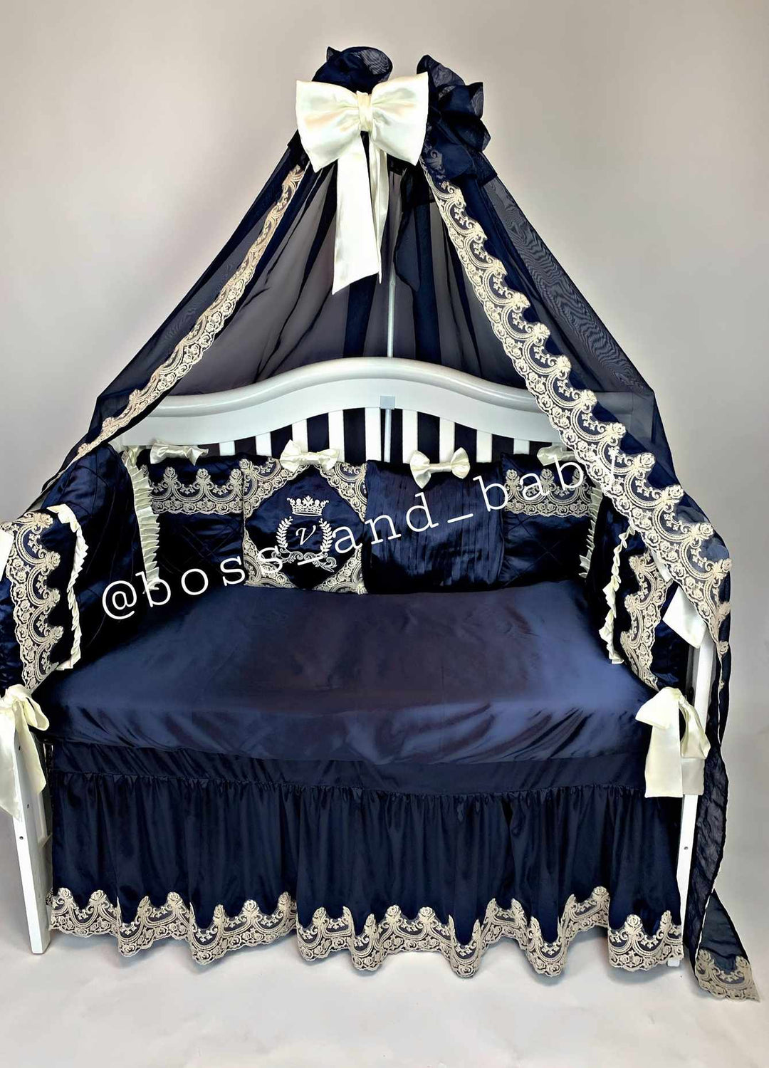 Luxury Royal Blue & Ivory Baby Bedding Set with Canopy