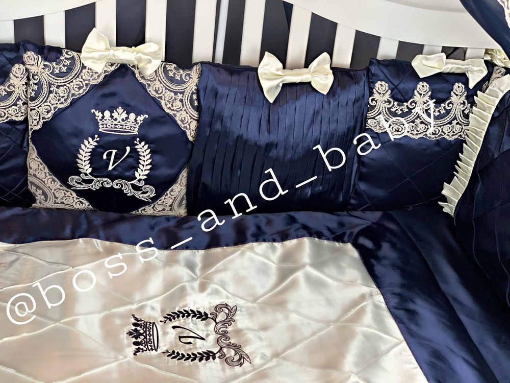 Luxury Royal Blue & Ivory Baby Bedding Set with Canopy