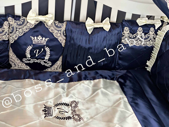 Luxury Royal Blue & Ivory Baby Bedding Set with Canopy