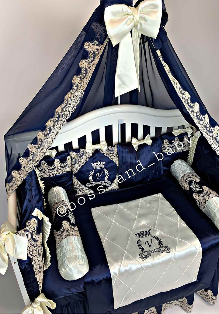 Luxury Royal Blue & Ivory Baby Bedding Set with Canopy