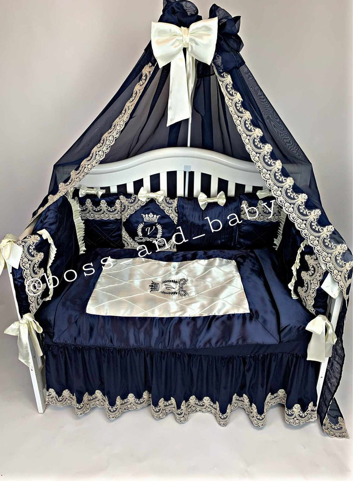 Luxury Royal Blue & Ivory Baby Bedding Set with Canopy