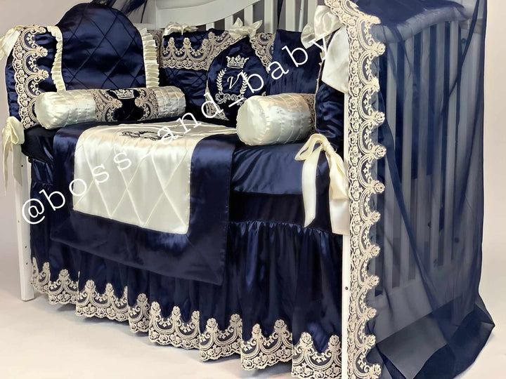 Luxury Royal Blue & Ivory Baby Bedding Set with Canopy