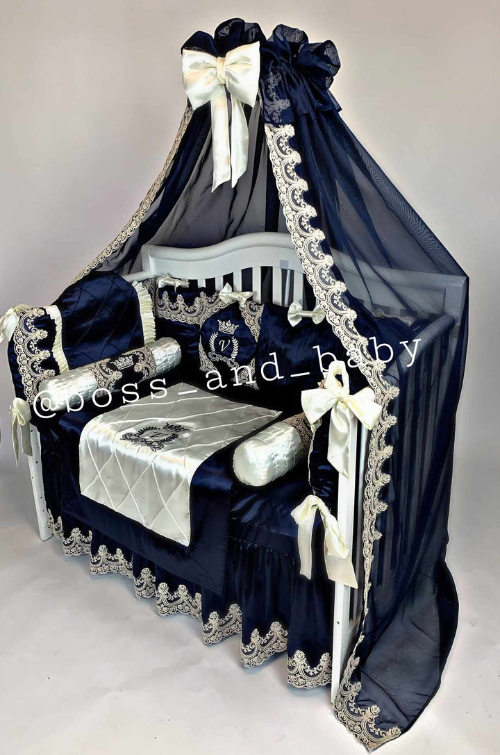 Luxury Royal Blue & Ivory Baby Bedding Set with Canopy