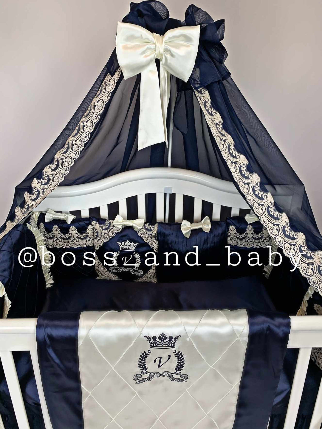 Luxury Royal Blue Ivory Baby Bedding Set with Canopy Crown Decor