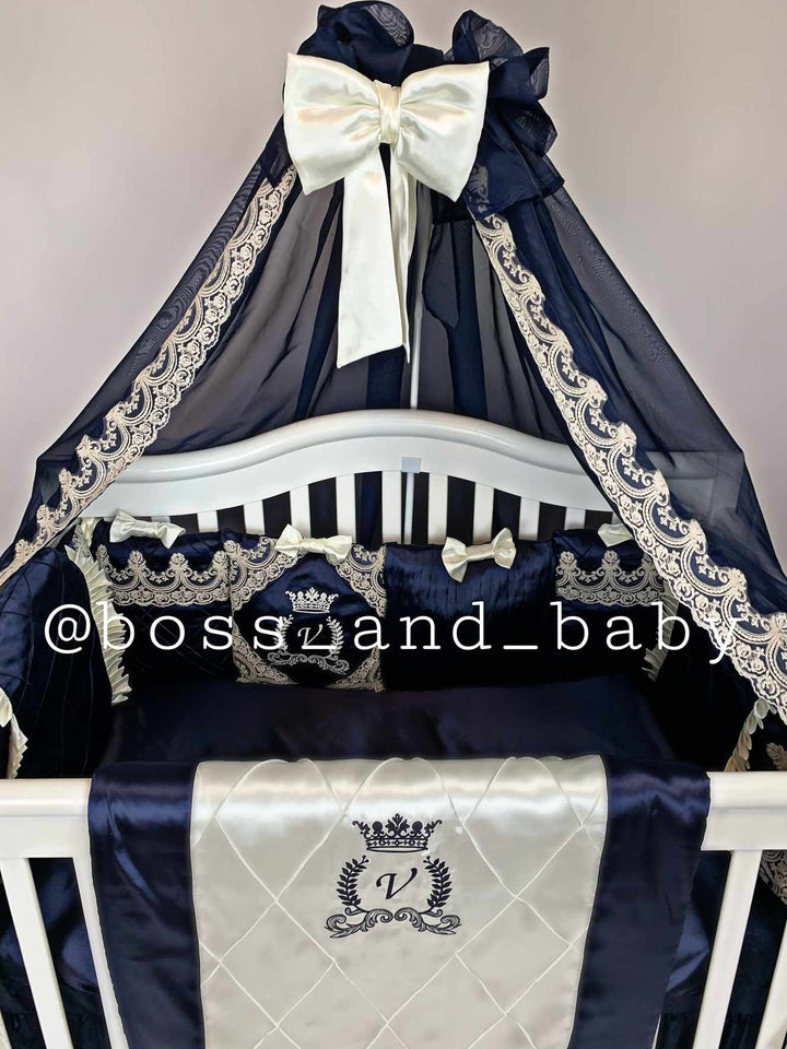 Luxury Royal Blue Ivory Baby Bedding Set with Canopy Crown Decor