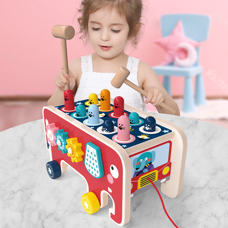 Montessori Wooden Pounding Bench Bus – Interactive Animal Toy