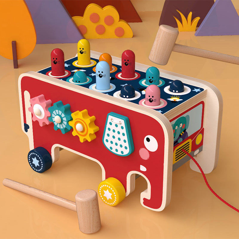 Montessori Wooden Pounding Bench Bus – Interactive Animal Toy