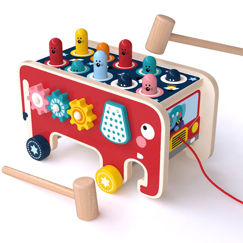 Montessori Wooden Pounding Bench Bus – Interactive Animal Toy
