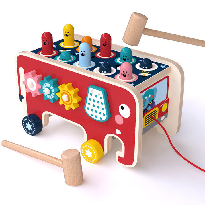 Montessori Wooden Pounding Bench Bus – Interactive Animal Toy
