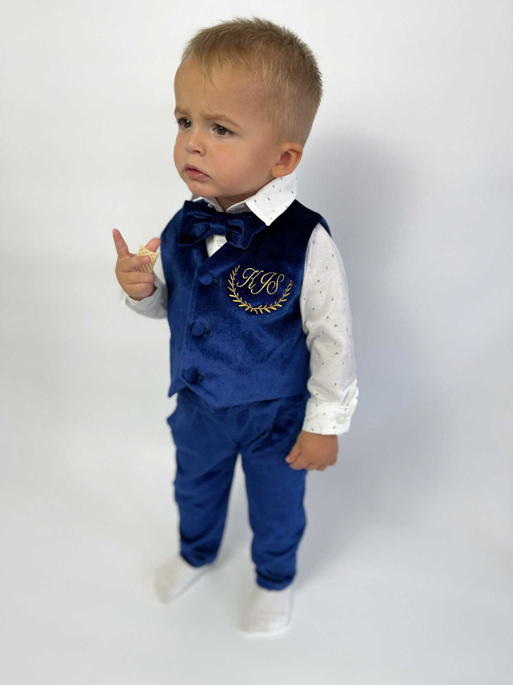 Navy Blue Velvet Baby Boy Suit – Personalized Formal Outfit