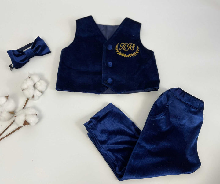 Navy Blue Velvet Baby Boy Suit – Personalized Formal Outfit