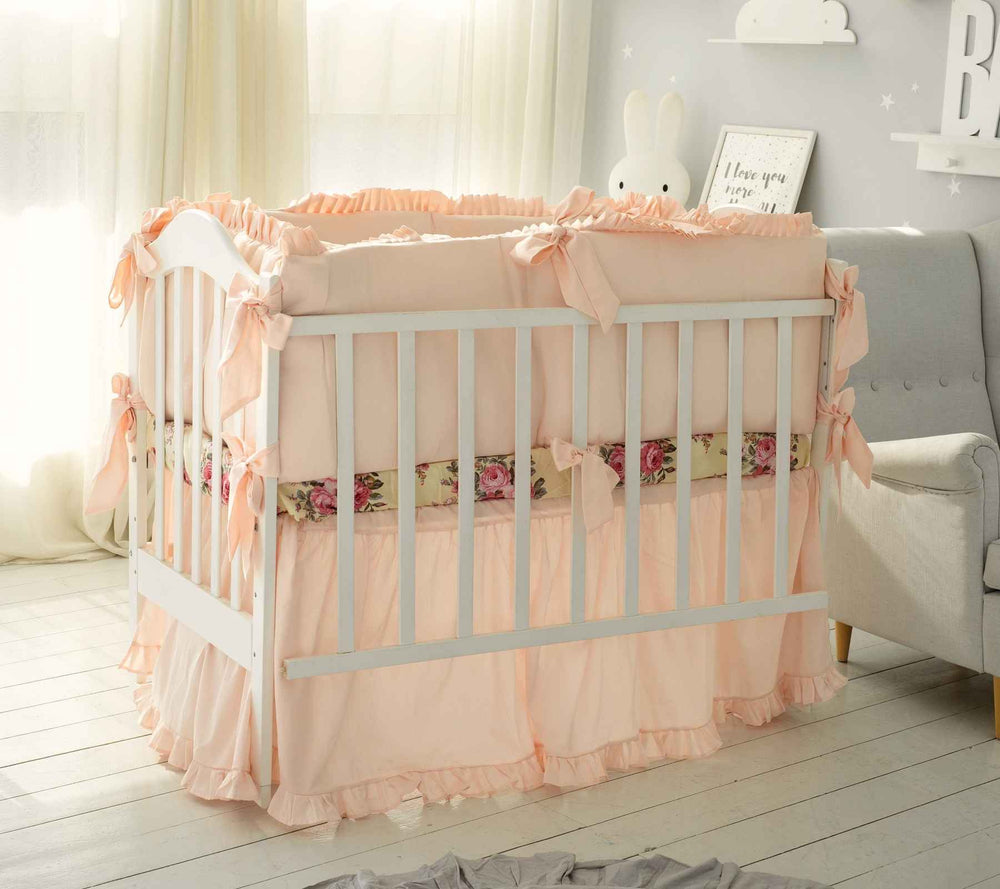 Peach Floral Baby Girl Crib Bedding Set with Skirt