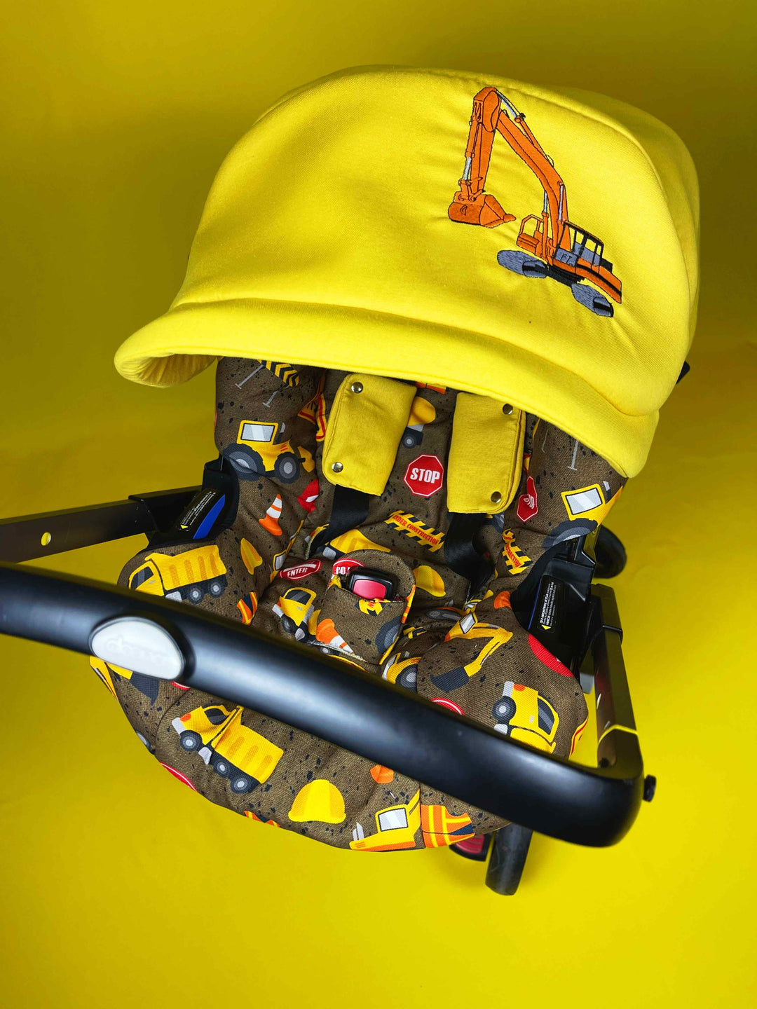 Personalized Baby Boy Car Seat Cover – Construction Print & Yellow Accessories
