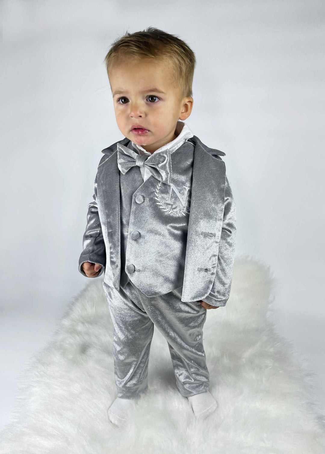 Personalized Baby Boy Suit – Silver Grey Velvet Jacket Set