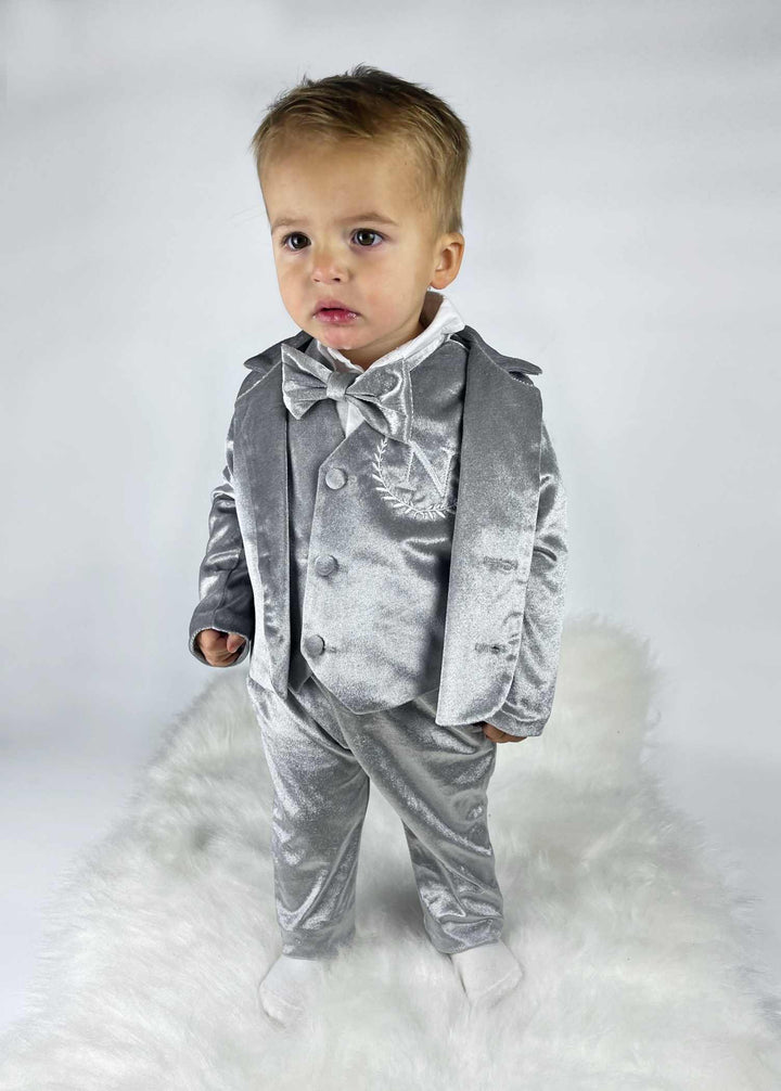 Personalized Baby Boy Suit – Silver Grey Velvet Jacket Set