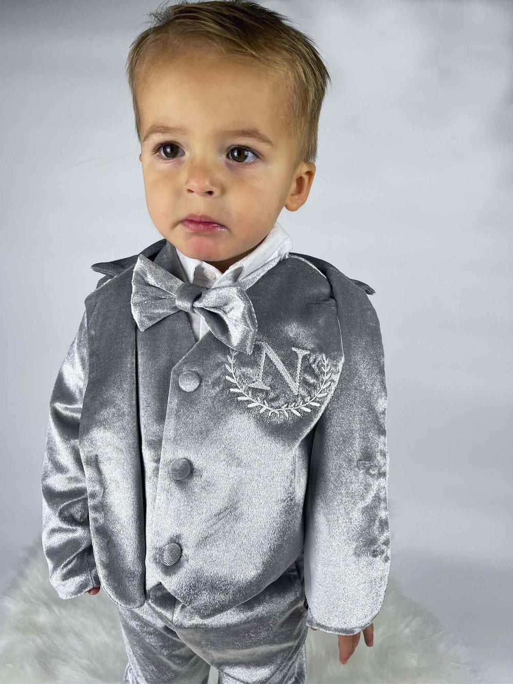 Personalized Baby Boy Suit – Silver Grey Velvet Jacket Set