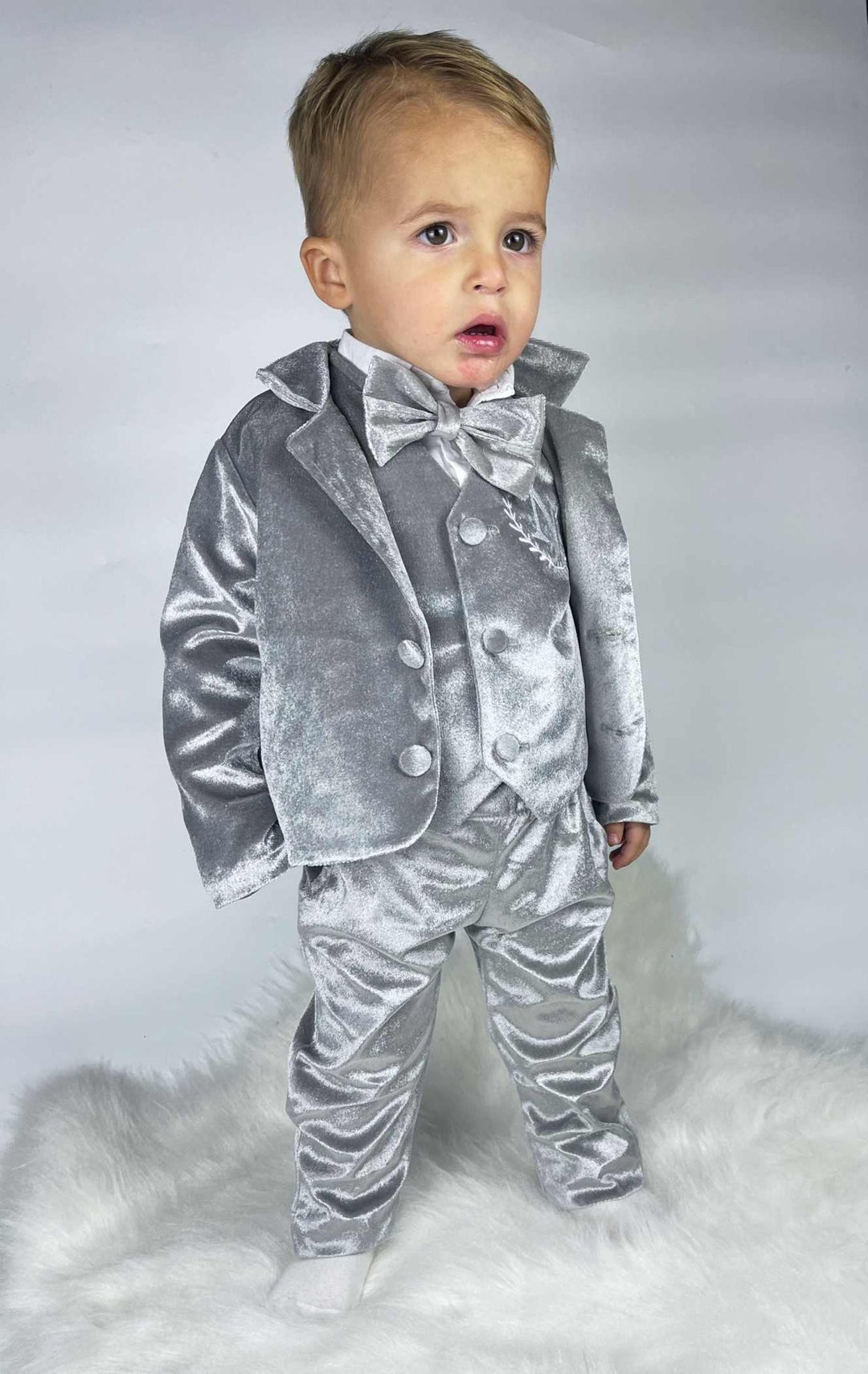 Personalized Baby Boy Suit – Silver Grey Velvet Jacket Set