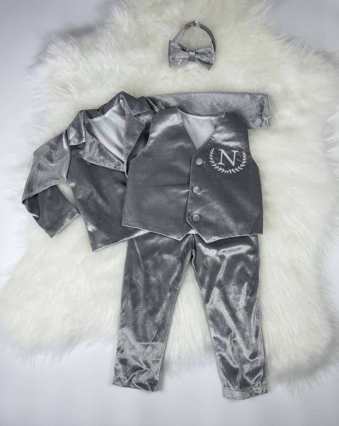 Personalized Baby Boy Suit – Silver Grey Velvet Jacket Set