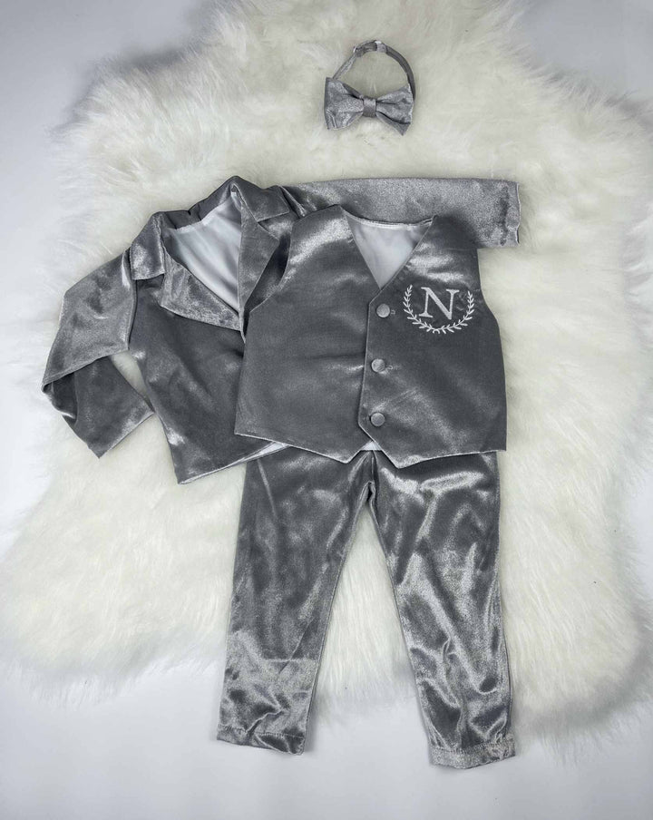 Personalized Baby Boy Suit – Silver Grey Velvet Jacket Set
