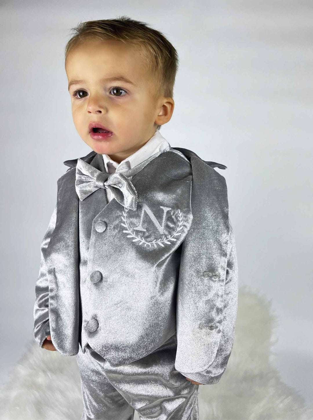 Personalized Baby Boy Suit – Silver Grey Velvet Jacket Set