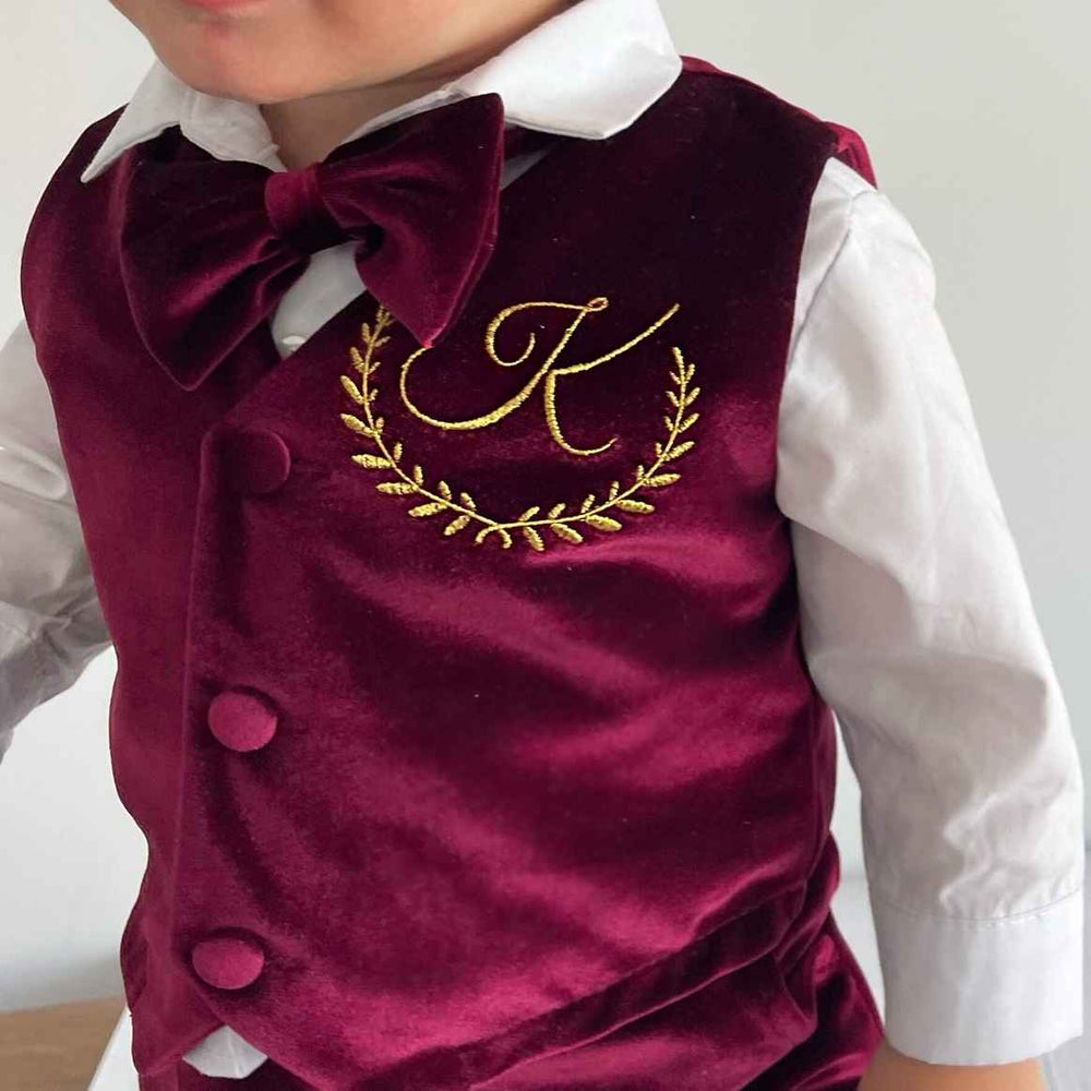 Personalized Burgundy Velvet Baby Boy Suit with Bow Tie