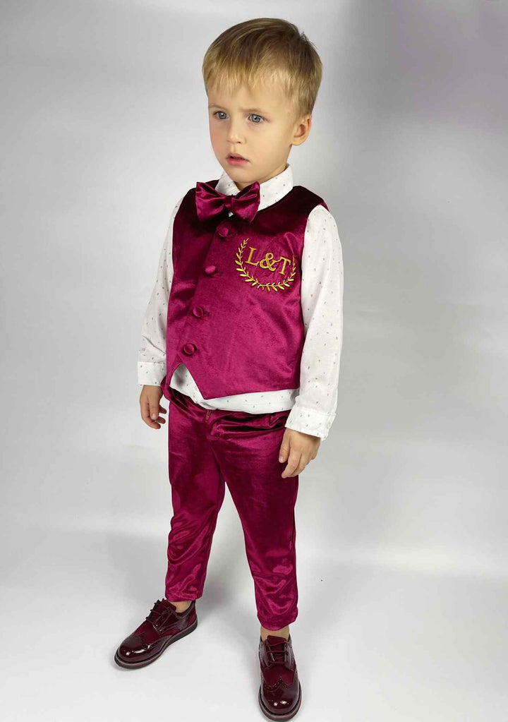 Personalized Burgundy Velvet Baby Boy Suit with Bow Tie