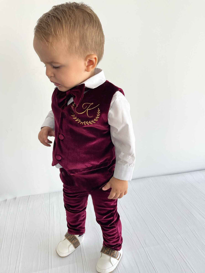 Personalized Burgundy Velvet Baby Boy Suit with Bow Tie
