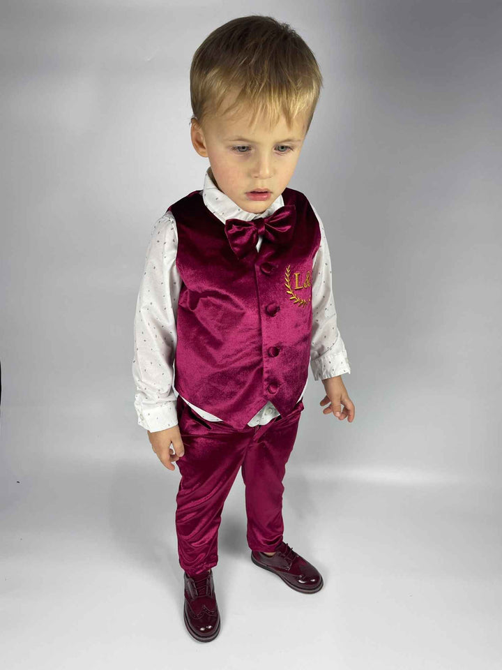 Personalized Burgundy Velvet Baby Boy Suit with Bow Tie