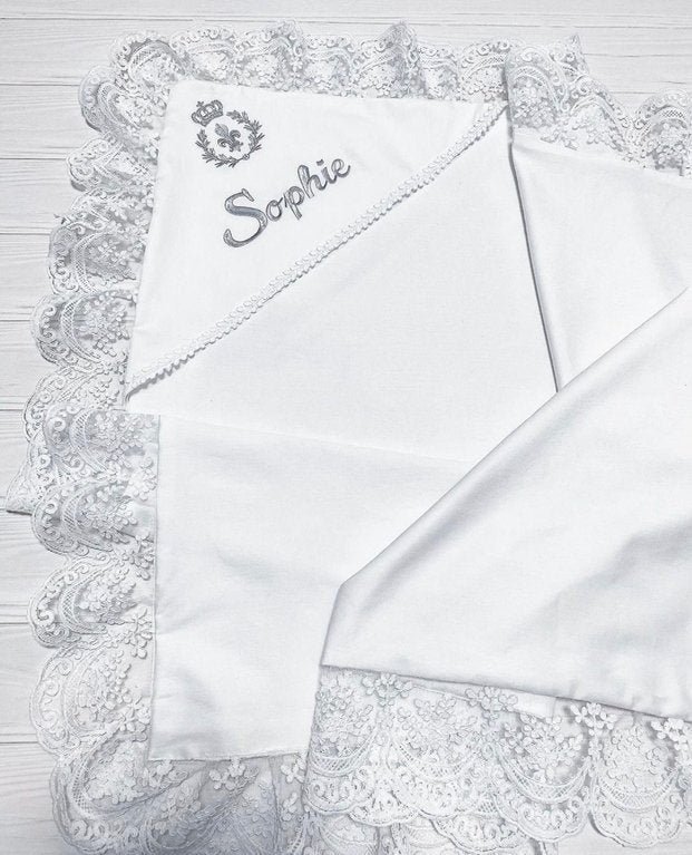 Personalized Embroidered Baptism Blanket – Silver Cross Design