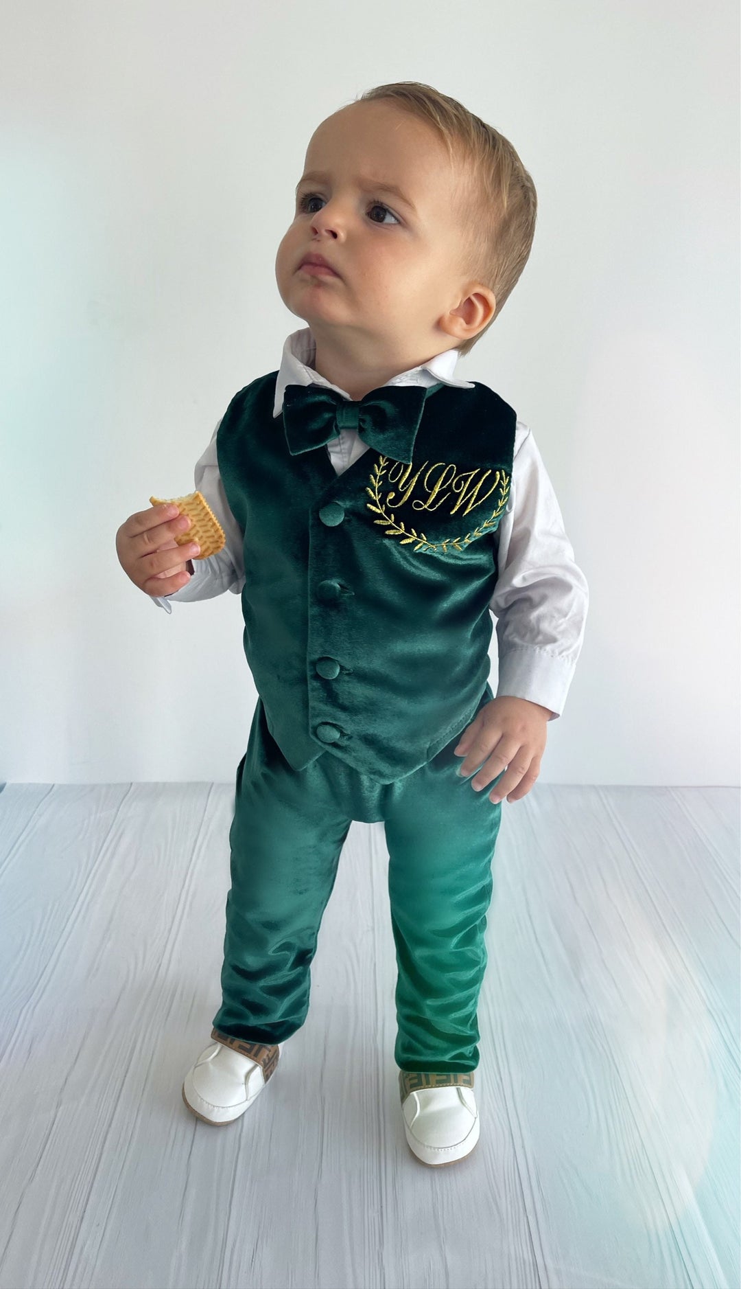 Personalized Emerald Green Velvet Baby Boy Suit