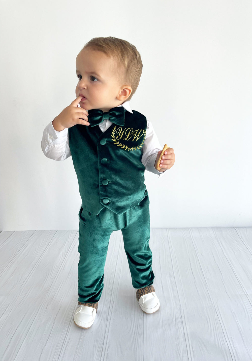 Personalized Emerald Green Velvet Baby Boy Suit