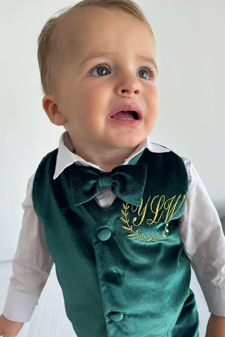 Personalized Emerald Green Velvet Baby Boy Suit