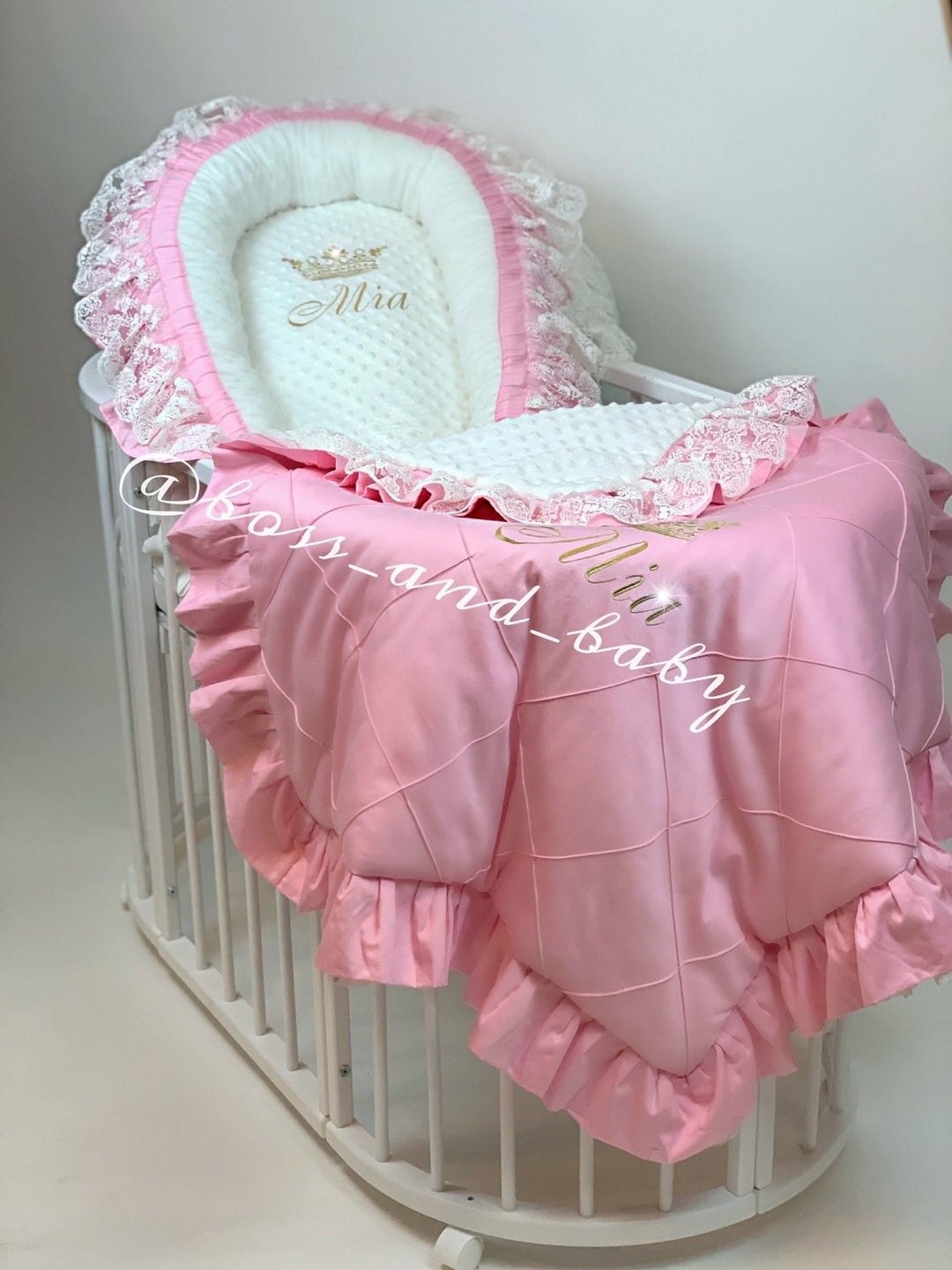 Personalized Peach Baby Nest Co-Sleeper with Lace Ruffles