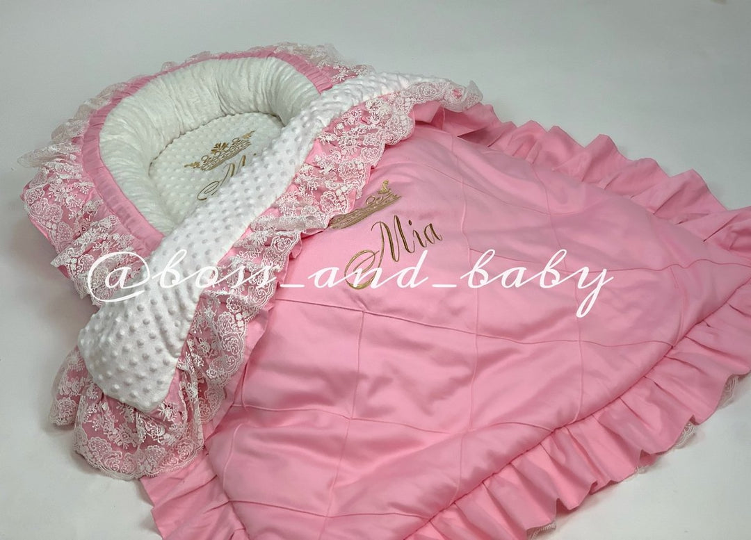 Personalized Peach Baby Nest Co-Sleeper with Lace Ruffles