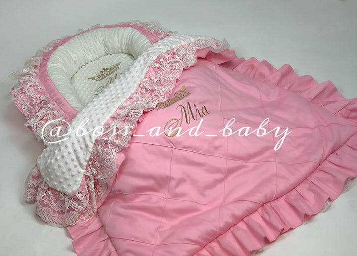 Personalized Peach Baby Nest Co-Sleeper with Lace Ruffles