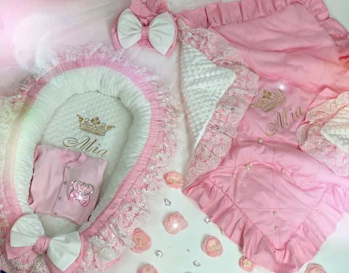 Personalized Peach Baby Nest Co-Sleeper with Lace Ruffles