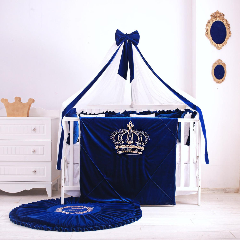 Personalized Royal Blue Velvet Baby Blanket & Pillow Set – Golden Crown