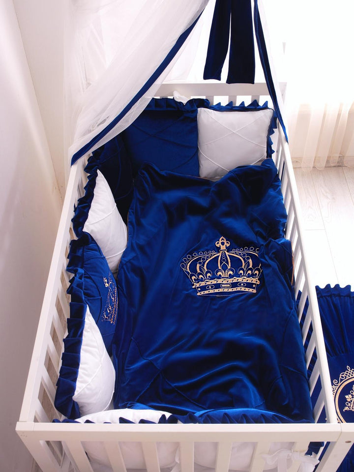 Personalized Royal Blue Velvet Baby Blanket & Pillow Set – Golden Crown