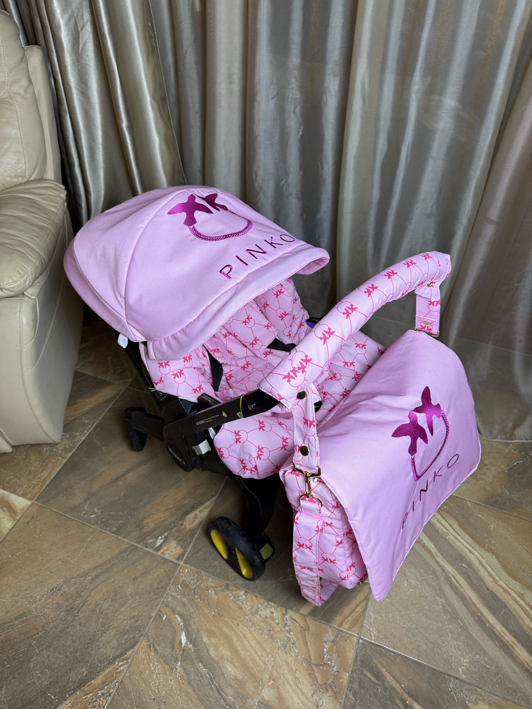 Pink Baby Car Seat Cover – Stylish Designer-Inspired 4