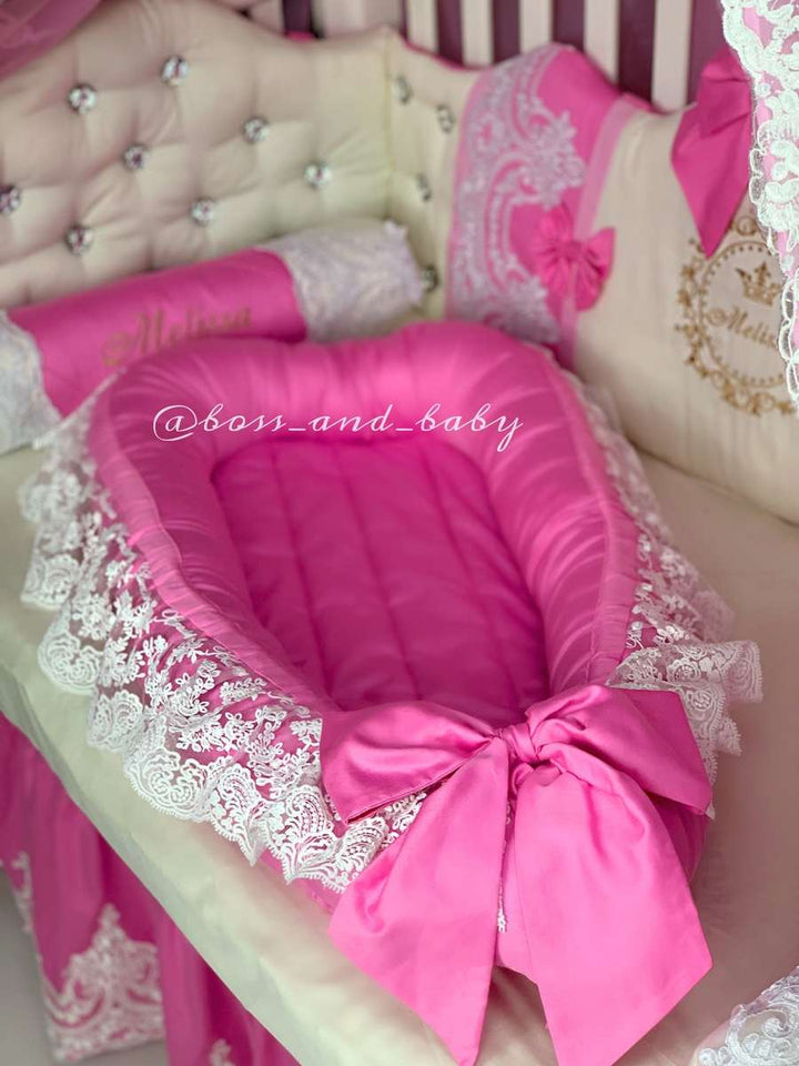 Pink Baby Nest with White Lace – Girls Co-Sleeper